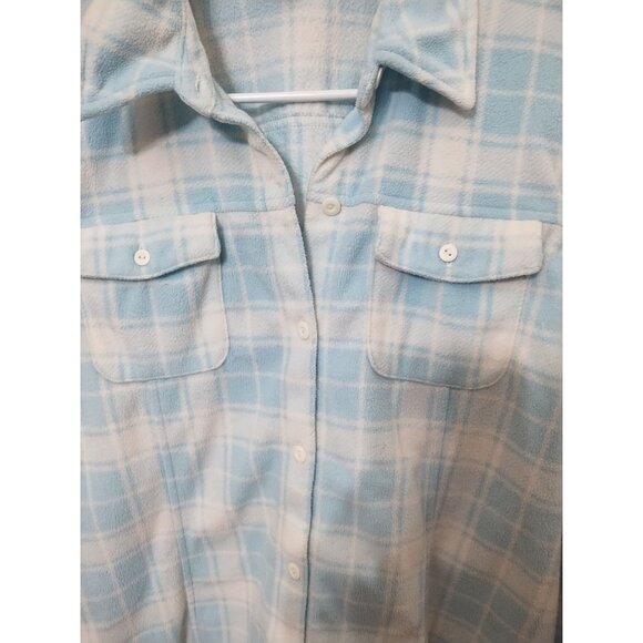 Eddie Bauer Long Sleeve Lightweight Plaid Button Up Soft Fleece Shacket L Preppy - Picture 2 of 7